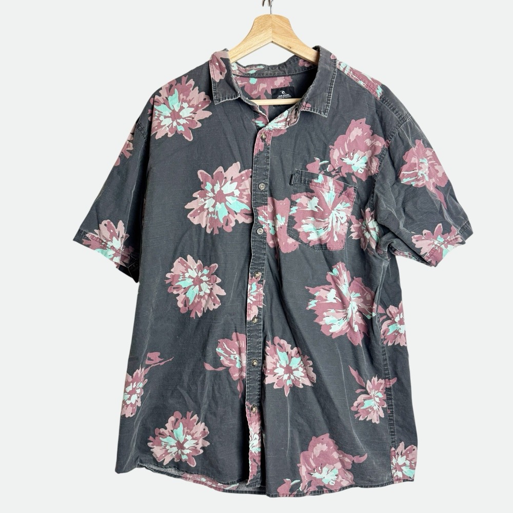 Rip Curl Men XL Gray Floral Short Sleeve Button Shirt Hawaiian Skater Surfer 90s